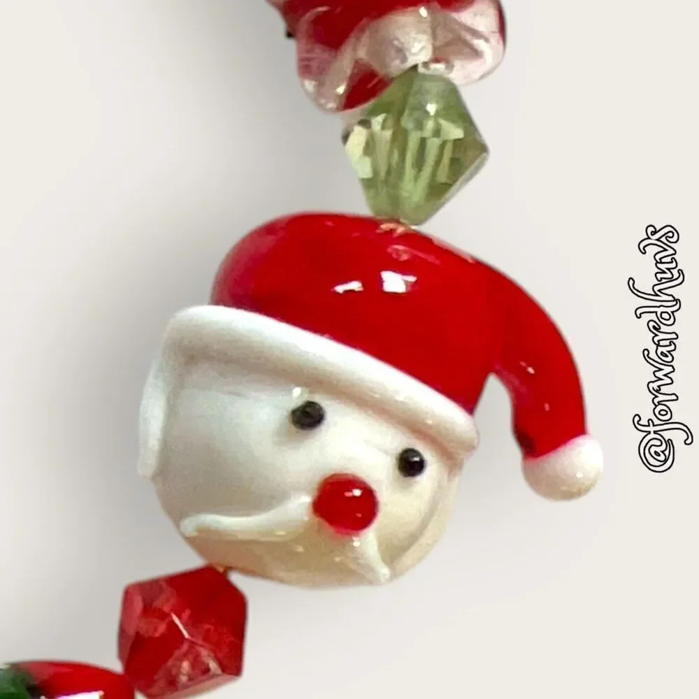 Glass Santa, Tree & Candy Beads On Adjustable Silver Tone Chain Bracelet